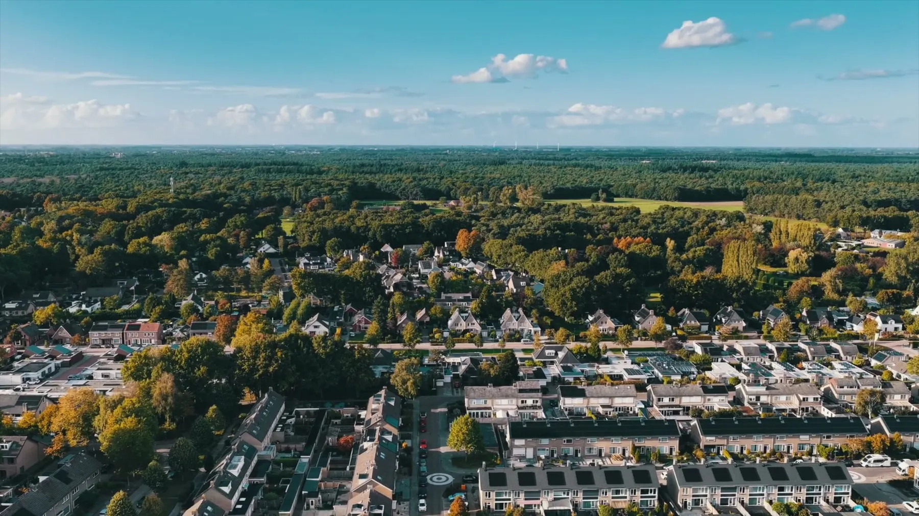 Nederlandse woonwijk met rijtjeshuizen en bomen, van bovenaf